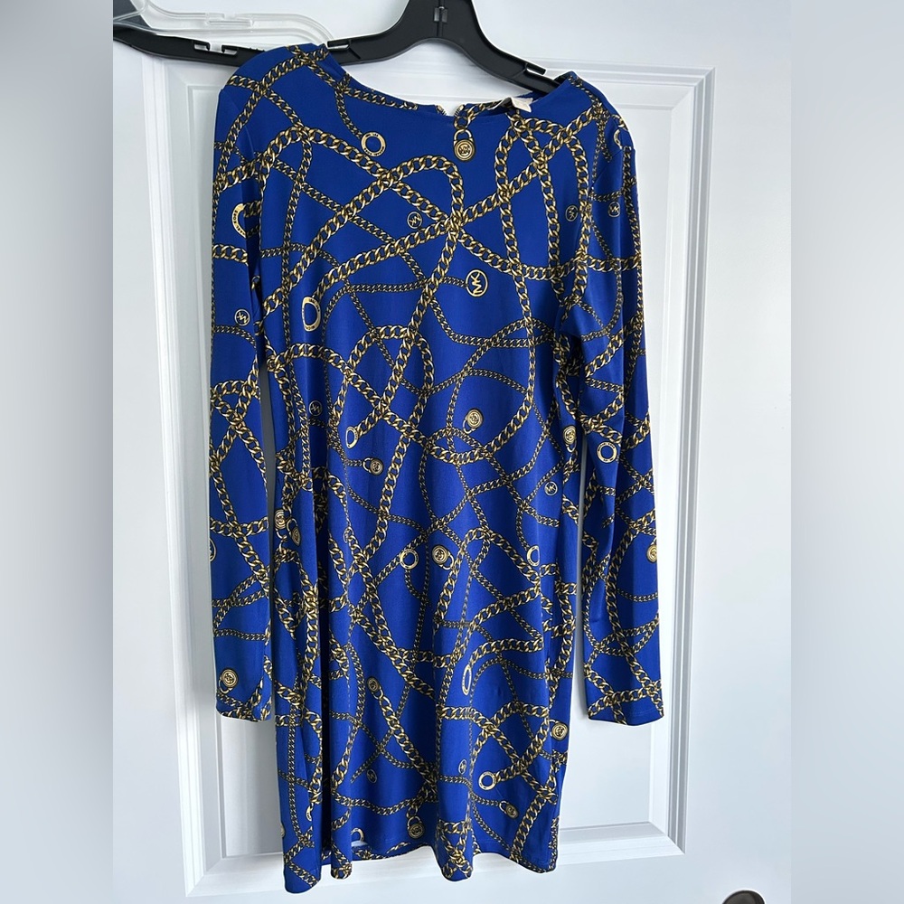 Michael Kors Jersey Knit Chain All Over Print Dress M Pullover Zip Short Casual
